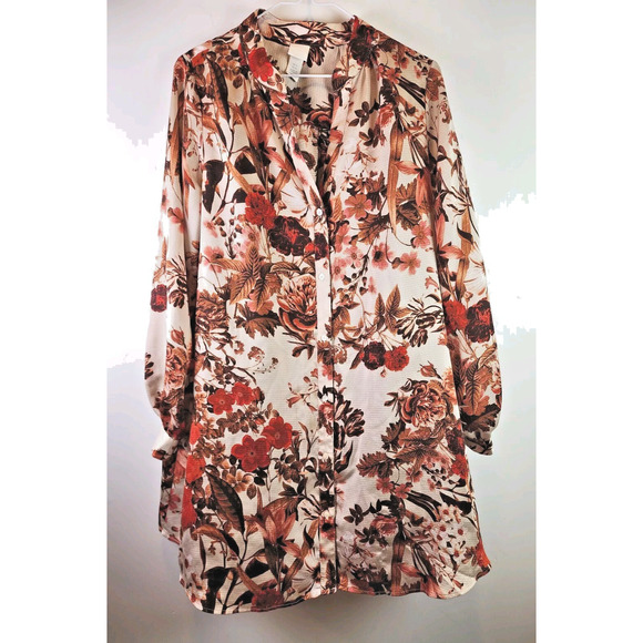 H&M Short Floral Fall Colors Red and Brown Shift Dress Long Sleeve Button Down - Picture 1 of 14